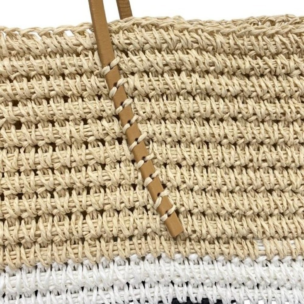 Aqua Trio Striped Straw Woven Tote Bag New - Picture 8 of 13